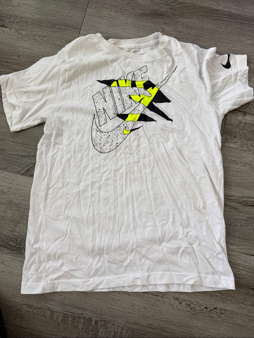 Nike White Short Sleeve Tee with Black and Neon Yellow Graphic